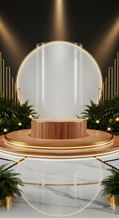 3d render of podium for product display in modern style with golden lightingの素材