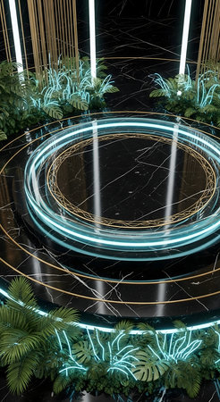 3d render, abstract background with neon lights, round stage in motionの素材