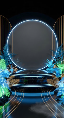 Neon stage with palm leaves. 3d rendering, 3d illustration.の素材