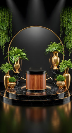 3d render of podium for product presentation with green plants in potsの素材