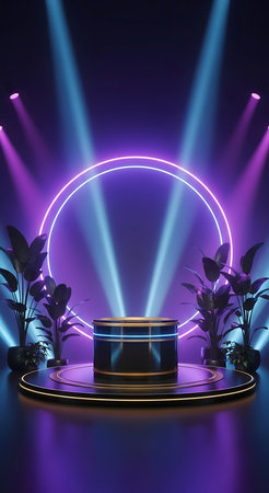 3d render, abstract background, round stage with neon lights, podium for product presentationの素材