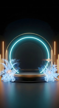 Neon podium with palm trees. 3D rendering, 3d illustration.の素材