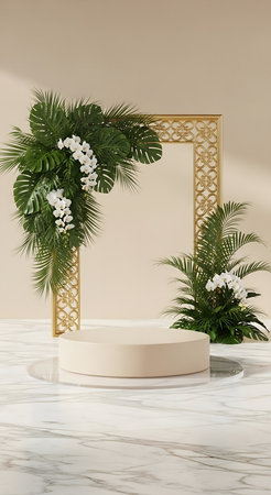 3d render of white marble podium with tropical leaves and monstera flowers. Minimal style.の素材