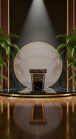 3d render of stage with black and gold color, podium and palm treesの素材