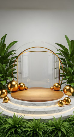 3d render, abstract background product display podium, round stage with gold geometric shapes.の素材