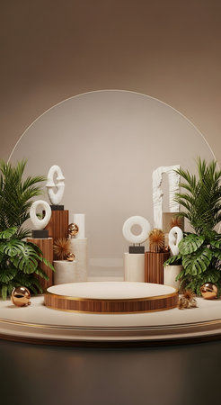 3d render of minimal display podium for product presentation with decoration.の素材