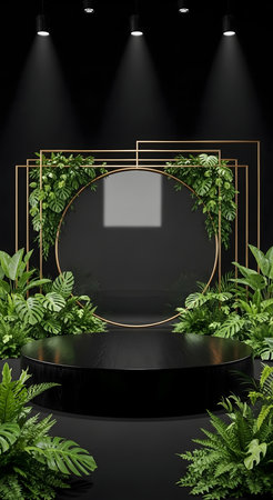 3d render of black podium for product presentation with golden frame and green leavesの素材