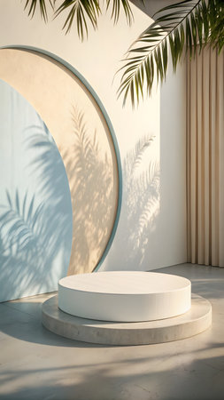 White round podium with palm leaf shadow on the wall. 3D renderingの素材