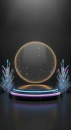 3d render, abstract background, round podium with glowing neon lines, empty stand for product presentationの素材
