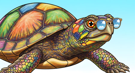 Cartoon turtle with glasses. Vector illustration of a sea turtle.の素材