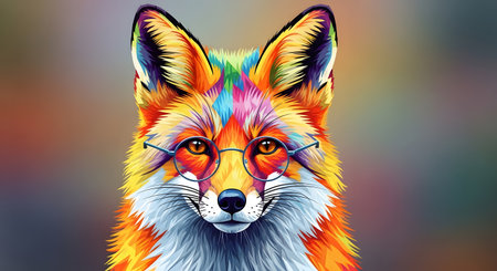Portrait of a fox with glasses on a colorful background. Vector illustration.の素材