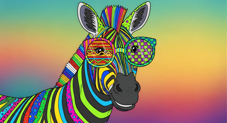 Funny zebra in sunglasses on a rainbow background. Vector illustration.の素材