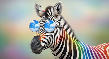 Zebra with sunglasses and rainbow colors. Collage. 3d renderingの素材