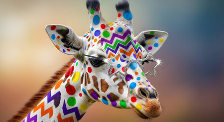 Giraffe head with colorful bokeh background, 3d illustrationの素材
