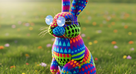 Colorful easter bunny with sunglasses on green grass and flowers backgroundの素材