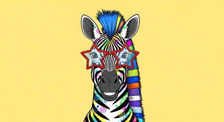 Illustration of a zebra with colorful glasses on yellow background.の素材