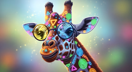 Funny giraffe in sunglasses with colorful disco lights. 3D renderingの素材