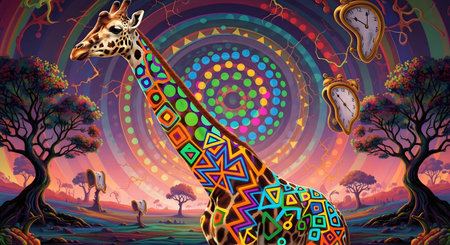 Fantasy landscape with giraffe. African safari. Vector illustration.の素材