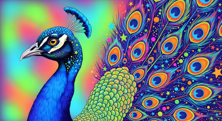 Peacock on colorful background. Illustration for your design.の素材