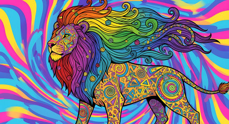 Lion zodiac sign on colorful abstract background. Vector illustration.の素材