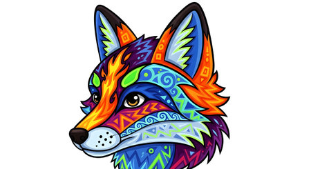 Illustration of a colorful fox with tribal ornaments on a white backgroundの素材