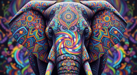 Elephant with colorful patterns on the body. Psychedelic abstract background.の素材