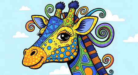 Cute giraffe with colorful patterns on his head. Vector illustration.の素材