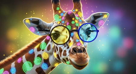 Portrait of a giraffe with sunglasses and colorful lights on backgroundの素材