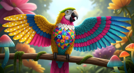 3d rendering of a macaw parrot sitting on a branch in the gardenの素材