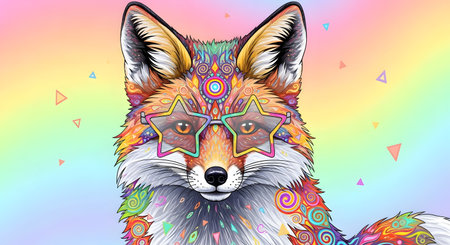Hand drawn portrait of a fox with a multicolored background.の素材