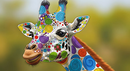 illustration of giraffe head with colorful abstract pattern on the skinの素材