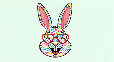 Easter bunny with heart shaped glasses on a light green background.の素材