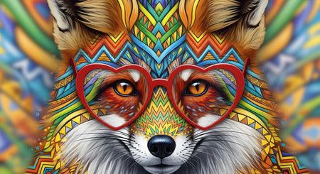 Portrait of a fox with a heart-shaped glasses on the colorful background.の素材