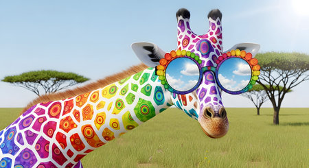 Giraffe with glasses on the background of the savannah.の素材
