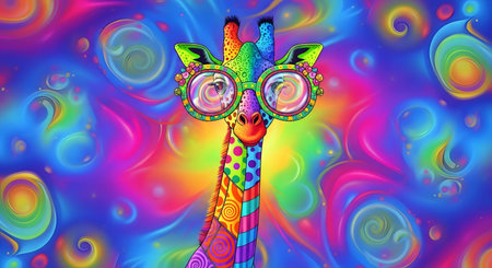 Giraffe with glasses on colorful background. Psychedelic fractal image.の素材