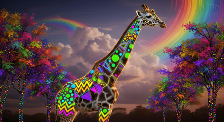 Giraffe in the jungle with rainbow effect. 3d renderingの素材