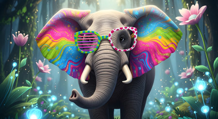 Elephant with sunglasses in the jungle - 3d render illustration.の素材
