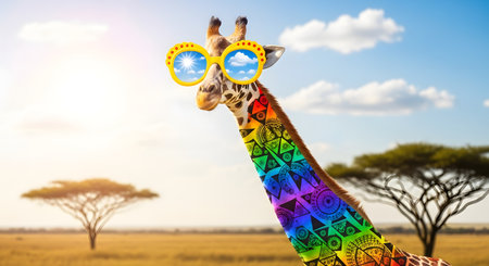 Giraffe with sunglasses and african landscape in the background.の素材