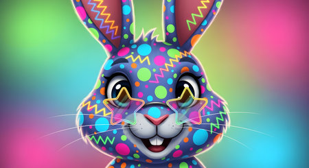Cartoon bunny with colorful pattern on the face. 3d illustrationの素材