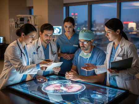 Team of doctors discussing x-ray image in medical office at nightの素材