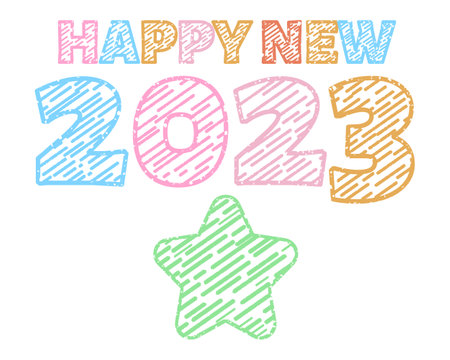 Cute Sketchy Happy New Year 2023 Illustration in Crayon Colors Style. This Cute Decorative...