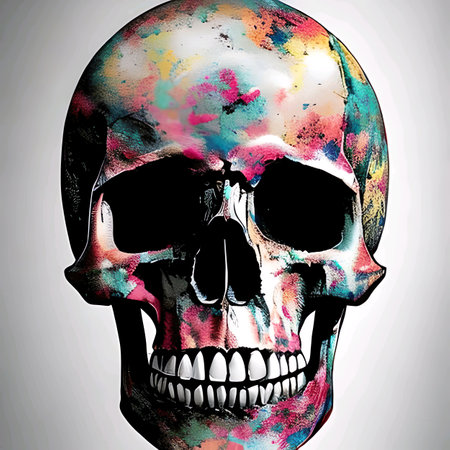 skull with camouflage paint texture. realistic 3d render image.の素材