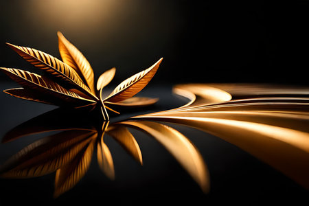 Closeup view of luxurious golden painted leaves artistic composition. Abstract black background isolated. Creative jewelry luxury concept. ai generated art.の素材