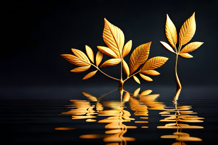 luxurious leaves background. golden leafs with water in front reflecting gold colors. generative ai.の素材