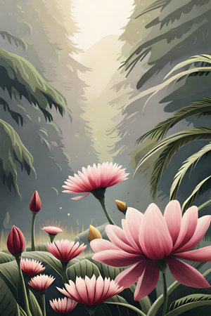 pink flowers art with forest in the background. beautiful nature scene. serene graphic design. generative ai.の素材