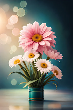 Colorful Transvaal daisy flowers in a pot on a blurred bokeh background. elegant wallpaper in minimalistic style.  generative ai.の素材