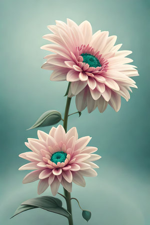 muted pastel gerbera daisyÂ flowers artwork. elegant and beautiful minimal flowers graphic design for background, wallpaper, background etc. teal pink dreamy colors. generative ai.の素材