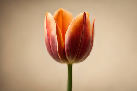 minimal orange red colored single tulip flower isolated on a light orange gradient background. minimalistic wallpaper backdrop. generative ai.の素材