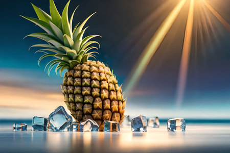 a pineapple on icy surface with ice cubes. refreshing summer background. generative ai.の素材