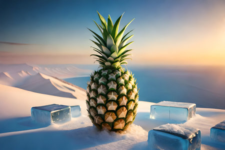 pineapple on a snowy landscape with big ice cubes. fresh summer background. generative ai.の素材